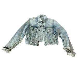 Vintage Levi Womens Cropped Jacket Blue Denim Distressed Light Wash Long Sleeve‎